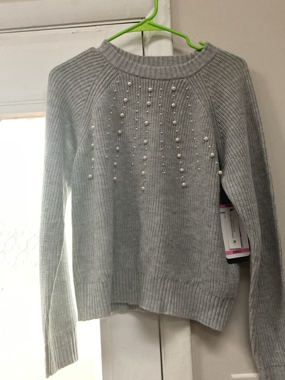 French Connection Light Gray Pearl-Embellished Crewneck Sweater